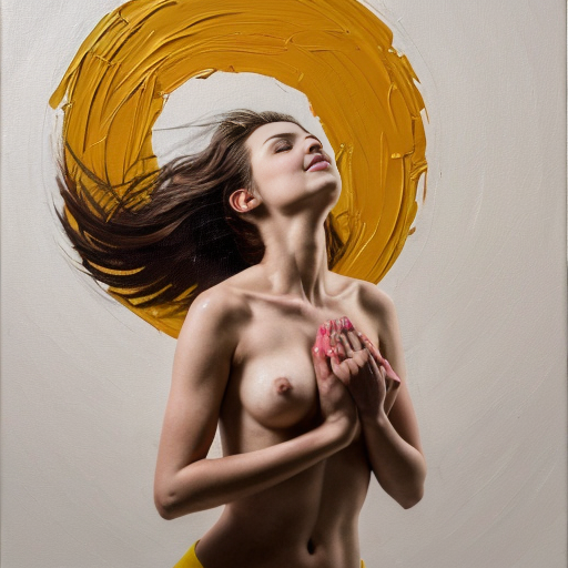 A 60x90 cm canvas shows a young woman, barely clothed, full body, floating in the air. She is situated in 3/4 angle and looks outside of the canvas, with her hair flowing in the wind. With her arms/hands, she opens a hole in the middle of her chest, of which sunflowers start blooming out of. The tones in the painting are mainly skin tones and vibrant yellow, orange colors and a few red accents. The brushstrokes in acryl colors are thick and impressionistic, showing a clear brushstroke and are dynamic. The overall with of the painting should be liberating and symbolize freedom and finding new passion and energy from within