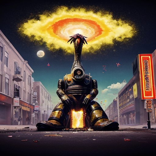 A radioactive neon superstorm detonates over Israel, but this is not a postcard — it’s an operatic meltdown of reality itself. The Mediterranean boils into fluorescent slime as skyscrapers twist like furious chrome serpents, vomiting holographic advertisements into a sky the color of poisoned amethyst. A colossal cyber-hyena with molten circuitry veins stalks across the skyline, its laughter shattering satellites into glittering shrapnel. Thunderclouds shaped like shattered crowns spit acid rain that hisses on contact with the pavement, carving glowing runes of pure chaos into the streets. The air tastes like ozone, rebellion, and burnt sugar.

Across a levitating boardwalk of glitching pixels and flaming street signs, grotesquely over-the-top tourist caricatures in oversized mech suits argue with a parliament of venomous parrots wearing gold-plated gas masks. A gigantic mutant alligator made of oil slick and broken mirrors drags itself through a fountain of liquid energy drinks, snapping at drones shaped like screaming cherubs. Nearby, a pride of lions with flaming manes made of corrupted data prowl through piles of melting marble statues, while obese, winged bulldogs belch plumes of glittering smog that morph into corporate logos before exploding. Everything is excessive, loud, intentionally abrasive — a maximalist fever dream choking on its own spectacle.

In the foreground, a furious raccoon in a spiked leather jacket spray-paints the moon with toxic-green graffiti while riding a rocket-powered shopping cart through a tornado of shattered fast-food crowns and burning velvet curtains. A massive vulture with chrome talons perches atop a throne of cracked smartphones, screaming binary curses into a megaphone made of bone and crystal. The entire image is drenched in corrosive neon, hyper-contrast shadows, aggressive fisheye distortion, and apocalyptic 64K detail — a visually “toxic” symphony of excess where subtlety has been obliterated, reality is glitching beyond repair, and the universe itself seems one sarcastic comment away from spontaneous combustion.