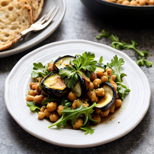 Create a realistic cookbook style photo of the finished dish:
Eggplant and Chickpea Portable Salad
knowing the ingredients:
A Mediterranean-style salad designed for easy transport.
Serves: 1
Cooking Method (M.C.): roasting and assembly
Ingredients:
•	1 cup roasted eggplant cubes
•	1/2 cup cooked chickpeas
•	1 cup arugula
•	1 tablespoon olive oil
•	1 teaspoon lemon juice
•	1 tablespoon chopped parsley
•	pinch of salt

Please don't add anything else in the dish, I don't want my reader to think they missed something.
The dish is fully plated and ready to serve.
Style:
modern healthy cookbook photography
natural daylight
editorial food photography
clean minimal background
Composition:
The food is the main focus of the image.
Simple kitchen environment.
Fresh ingredients visible around the plate.
Camera variation (important):
Use a different angle from previous images such as:
top view
45 degree angle
close up plating
side angle
slightly elevated perspective
Keep the lighting style consistent across all images.
Make the food look fresh, vibrant and realistic.
VARIAZIONE AUTOMATICA DELLE INQUADRATURE
Per evitare immagini duplicate, alterna automaticamente:
camera angle
top view
45 degree angle
slightly elevated angle
side plating angle
close up texture shot
camera distance
wide food composition
medium shot
macro texture detail
surface variation
light wood table
white marble surface
stone kitchen surface
prop variation minima
linen napkin
wooden spoon
small ingredient bowls
fresh herbs
Queste variazioni devono cambiare tra le immagini ma mantenere lo stesso stile generale