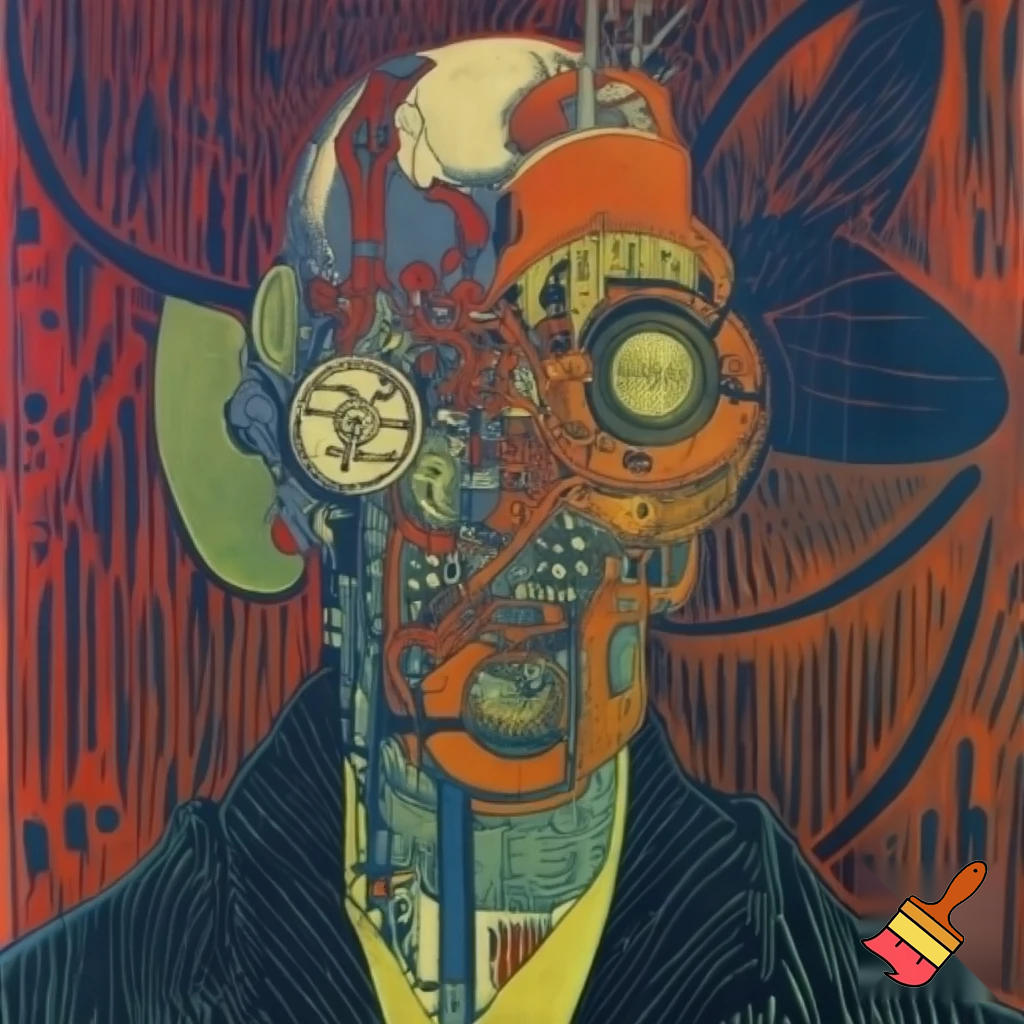 Bio-mechanical post-human noise art. In the style of a 1920's German Expressionist woodcut print.