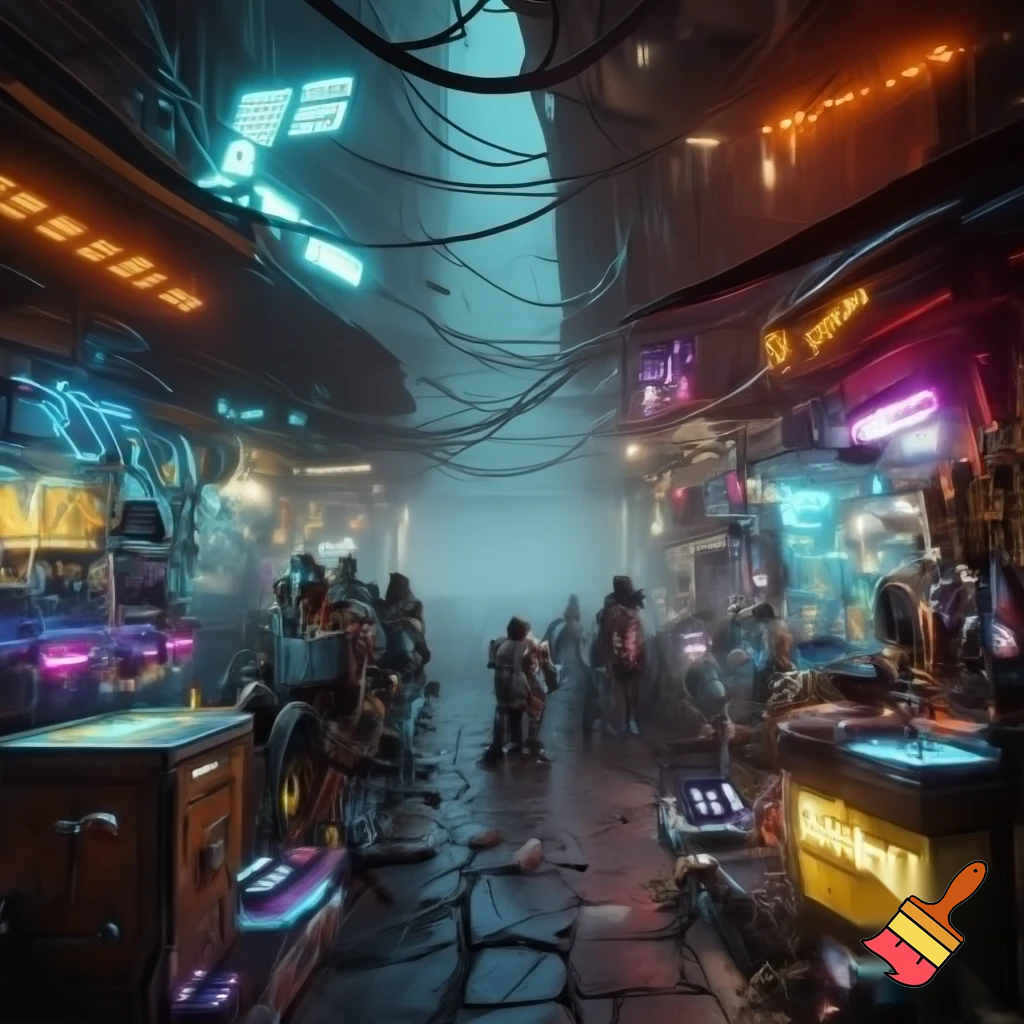 Un mercato cyberpunk affollato in un vicolo stretto, luci al neon che illuminano bancarelle tecnologiche, cavi sospesi ovunque, venditori con impianti cibernetici, insegne in lingue miste, atmosfera umida e realistica, resa fotografica 8K.