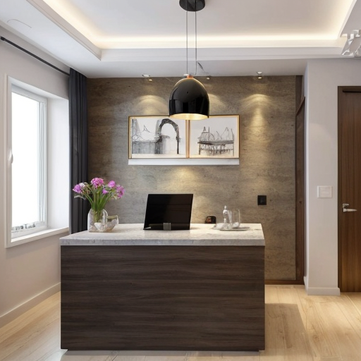 generate an interior picture of a commercial room , 
commercial premises, with a 2.5-meter-long and 2.7-meter-high wall on the left, with 5 4-centimeter-wide pecan-colored boards on the left and right edges of the wall, and black wallpaper with gold-colored thin stripes in between. There is also a 60-centimeter-wide and 2-meter-high decorative panel with a floral pattern, and a 60-centimeter-wide and 2-meter-high mirror. the second wall begins with 50 cm of 4 cm wide pecked walnut-colored slats, followed by a 1.80 m long and 1.3 m high counter with a glass in the middle that is illuminated from the inside with yellow light, then 90 cm of slats that are pecked at regular intervals, and the wall ends with a door that matches the color of the counter. The third wall is covered with decorative plaster. Design this room in a modern and stylish manner.