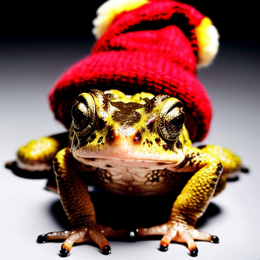 A laughable, puzzled animal toad in woolen, multicoloured winter clothings with woolen, funny winter cap. Hyperrealistic art style.