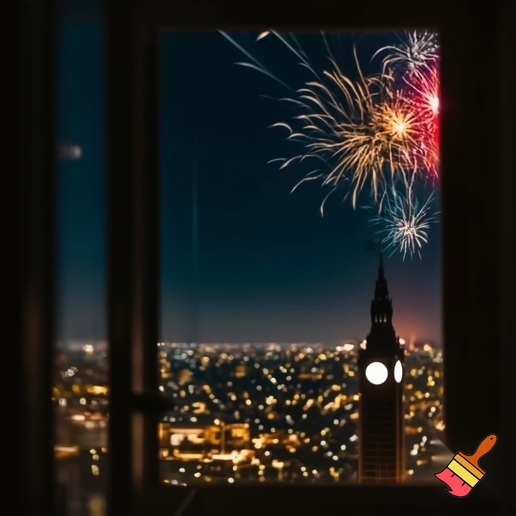 view from a window on a city at night, the clock tower at the right side and fireworks on the sky