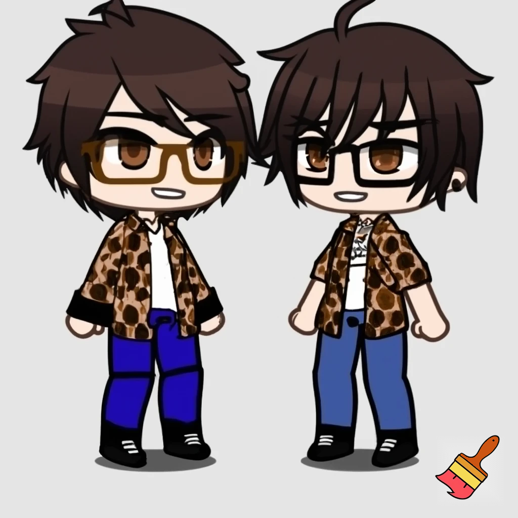 A Gacha brown boy with dark brown hair, brown glasses and a brown pattern jacket with a white shirt, blue pants and black shoes. 