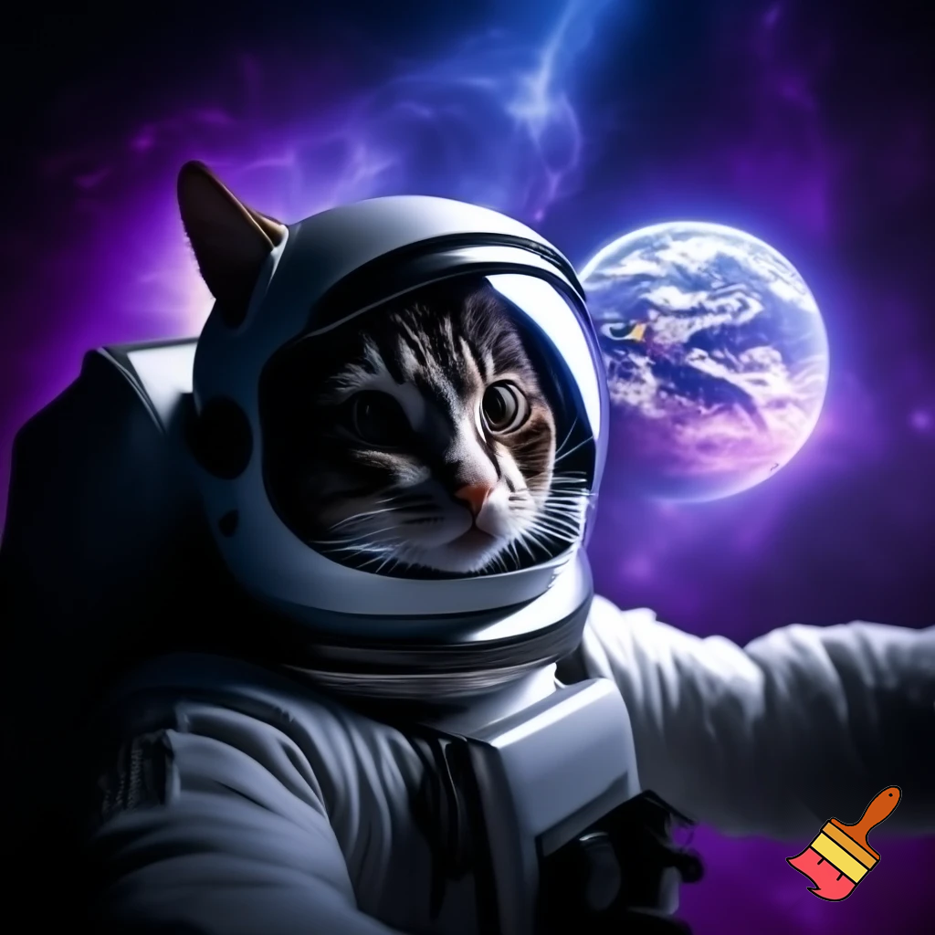 A cat wearing a spacesuit, floating in space, surrounded by purple and blue nebula, with the distant Earth in the background. Digital art, hyperrealistic, cinematic lighting, 8K, depth of field, sharp focus, intricate fur detail.
