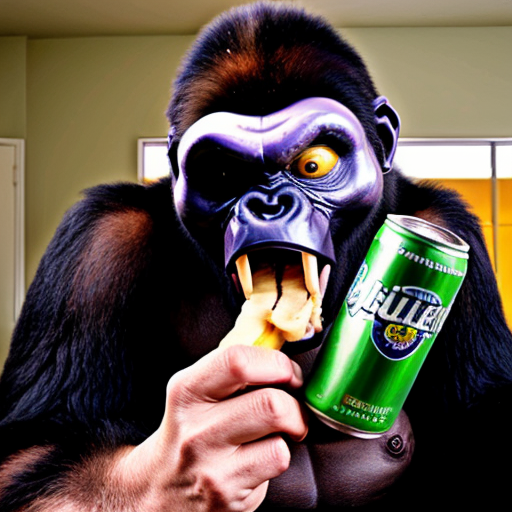 a purple male with glasses and buckteeth eating a banana, a gorilla is in the background looking angry as it was his banana, there is an alien with glasses and holding a green can that says a beer