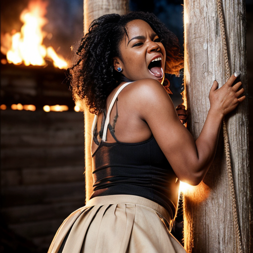 Actress Nia Long long curly hair naked wear a light beige skirt arms behind back to the pole ,tied up by ropes background screaming burned at the stake fire
