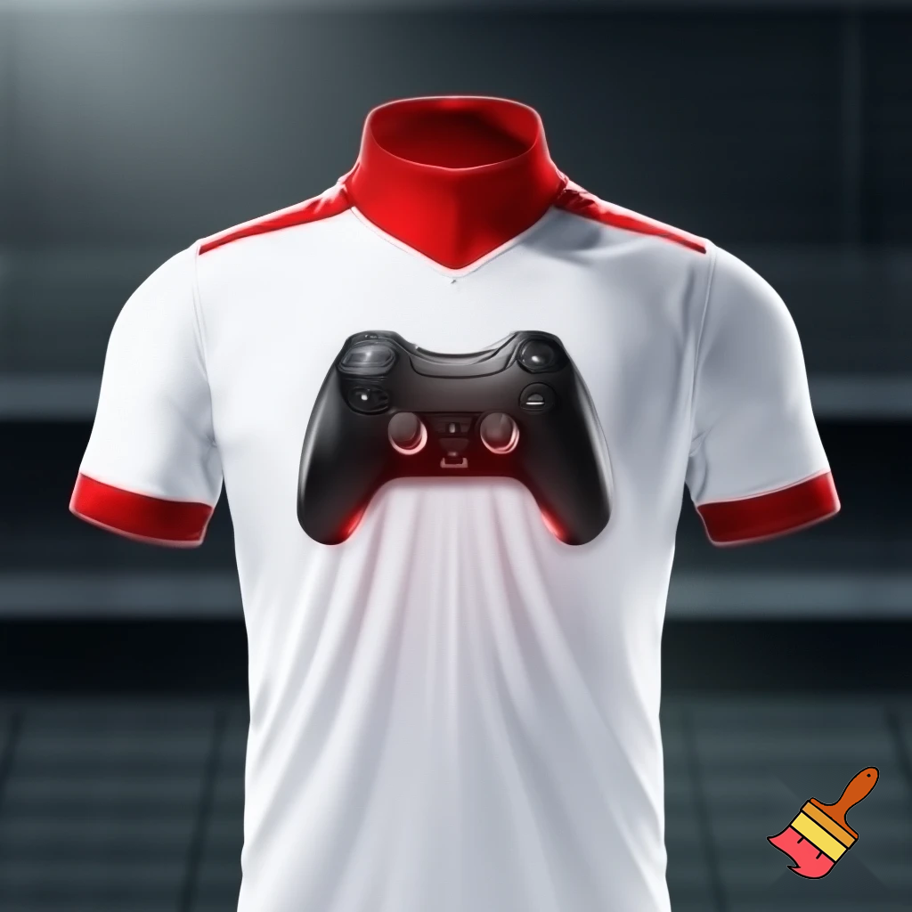 Una maglia da calcio bianca con alcuni dettagli rossi come il colletto alto e disegnato al centro di una maglia un controller nero con dettagli rossi