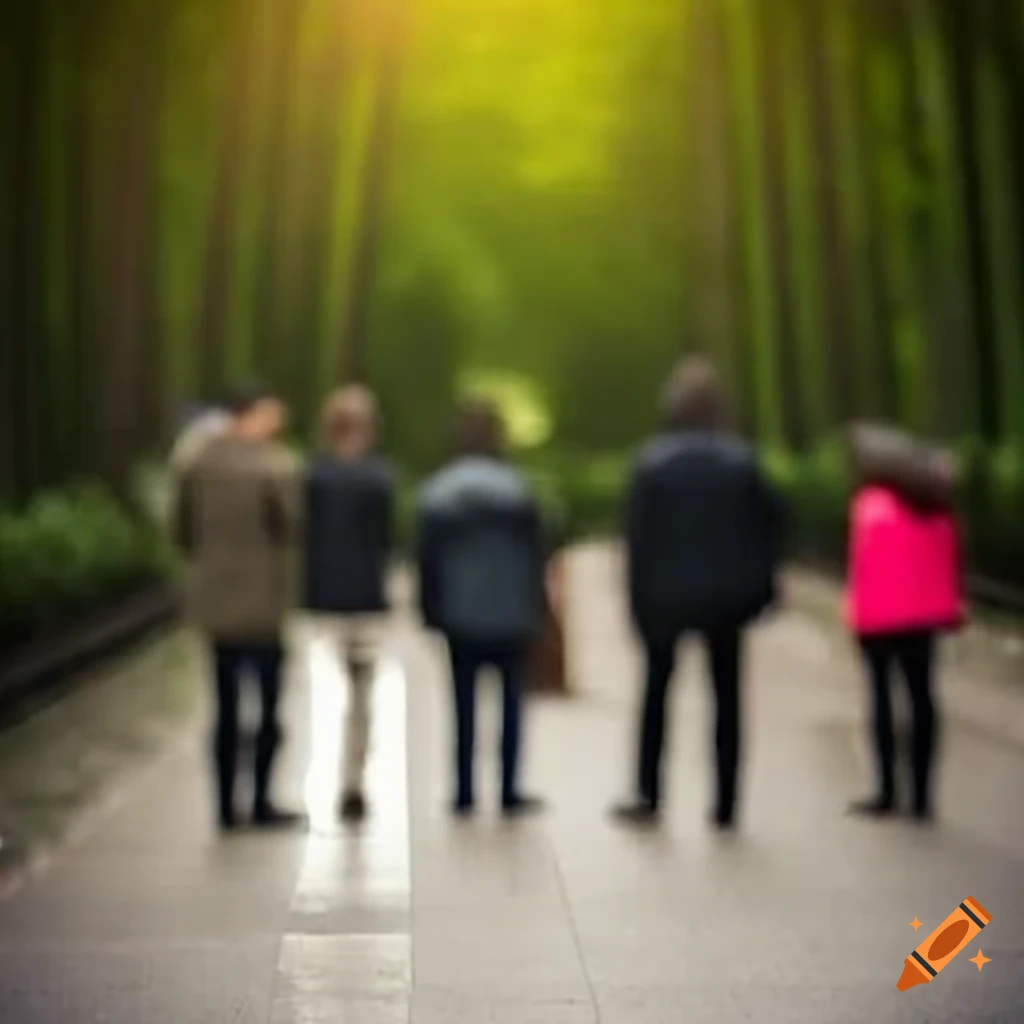 5 persons stand in row side by side. The Persons stand on a New Street in the Nature