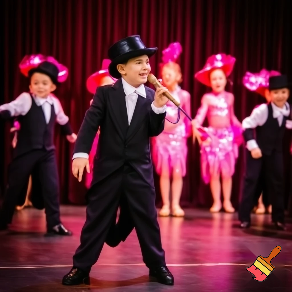 Preteen Boy in Shiny Top Hat White Bowtie Black Tailcoat Black Shiny Shoes Singing in Microphone on big Stage Smiling to the audience. Behind him on stage, two dancing boys in Top Hats and Tailcoats and two dancing Girls in Shiny Pink Hats and Sequined Pink Ballroom Dresses