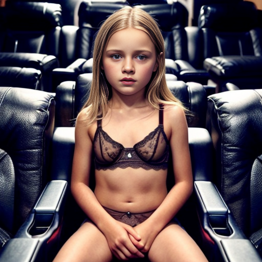 Genera la imagen de 10 niñas rubias de 10 años vestidas con lenceria transparente de distintos colores, sentadas cada una acompañada de su padre en una sala de cine