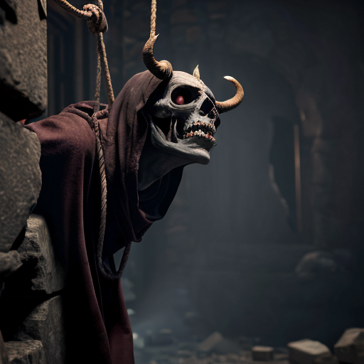 Photorealistic dark fantasy crypt. A gaunt, pale man in black robes stares at a fleshy, grotesque sack hanging from a rope. A winged, horned demon perches on a stone ledge behind him. Ruined stone floor with rubble, broken pots, and low-lying fog. Cinematic volumetric lighting, macabre gothic horror style, 8k resolution