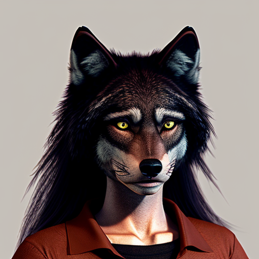 Anthropomorphic female black wolf with long pretty black hair and purple eyes, wearing a brown medieval shirt