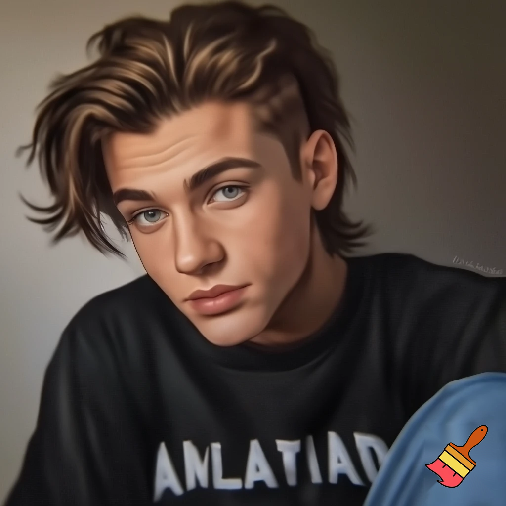 noah dier, a regular teenage boy with brow hair slightly long on top with shaves sides and big eyebrows and close set blue eyes and a big circular nose with a metallica shirt and jeans with a pear shaped face