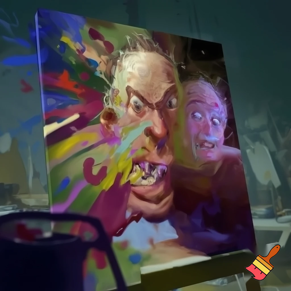 Create a random funny guy painting on a canvas but it gone horribly wrong