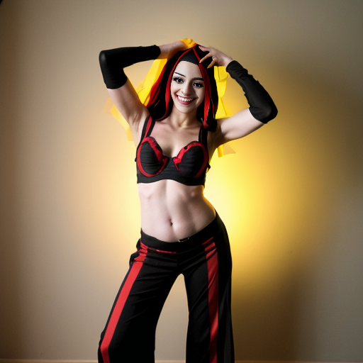 90's disney's 2d aladdin style comic black background and panels of 
panel 1 Harley Quinn with light black and red striped harem pants and bra and black and red curved slippers with both hand palms place together and hiding the bottom of her mouth with a light black and red striped veil wrapped around her arms and shoulders. 
panel 2 she danced with light black and red striped harem pants with light black and red striped bra and red and black curved slippers and with light black and red striped veil wrapped around her arms and shoulders and raising legs and bounced up and down her belly and shook her hips left and right. 
panel 3 as Harley Quinn with light black and red striped harem pants and bra and red and black curved slippers and with red and light black striped veil wrapped around her shoulders and arms and spreading her arms, happily revealing her face to the viewer and giving a smile as she shook her belly left and right. 
Panel 4 Harley Quinn with light black and red striped harem pants and bra and black and red curved slippers and with light black and red striped veil wrapped around her shoulders and arms has started to fading away , except her belly, which is bouncing around and growing. 
Panel 5 then the ball transforms into the fading in belly of Giant red haired giganta barefoot with dark yellow spotted yellow harem pants and bra and dark yellow spotted yellow veil wrapped around her arms and shoulders with her swaying her hips. 
Panel 6 red haired giganta barefoot with dark yellow spotted yellow harem pants and bra and dark yellow spotted yellow veil wrapped around her arms and shoulders then she is flexing her muscled arms 