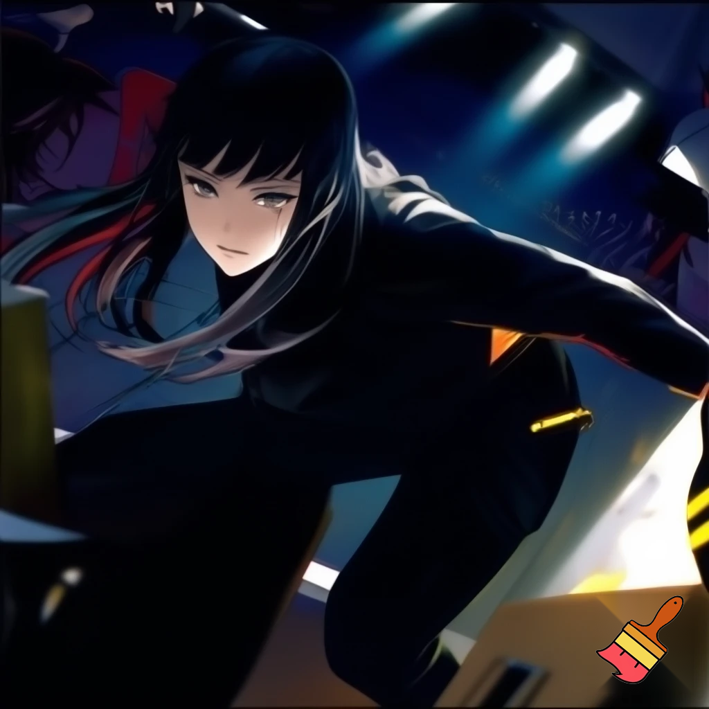 A anime girl with black long hair with bangs robbing a bank