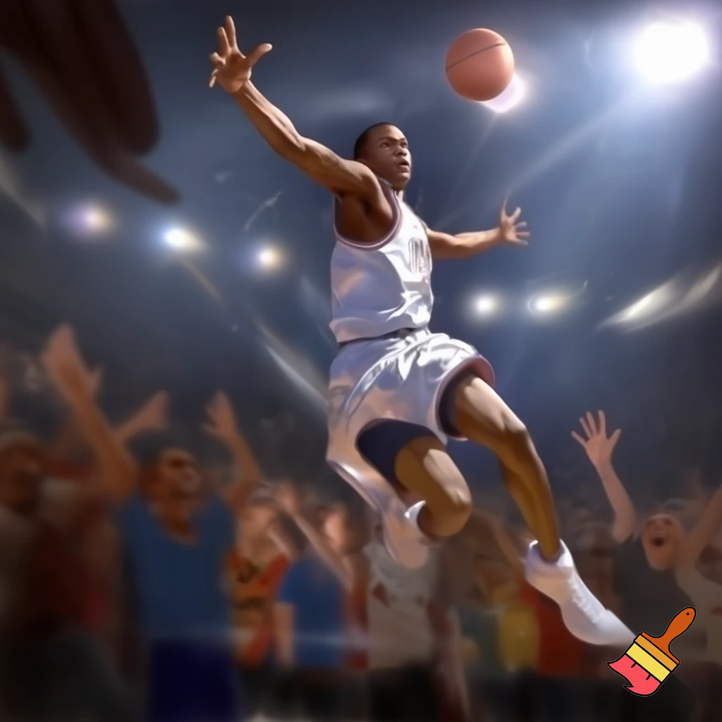 


teen Black basketball player in a white Bullard jersey hitting a game-winning three-pointer, dynamic action shot, crowd cheering

