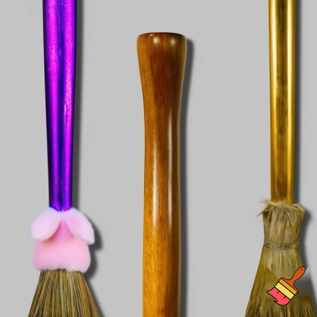 Broomstick, gold broomstick and purple Easter bunny broomstick