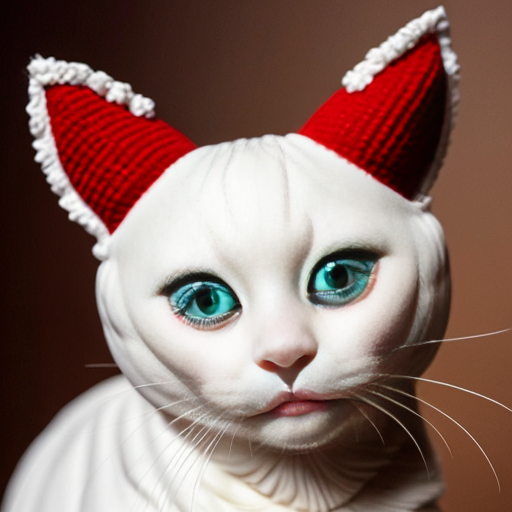 i want white cat plush with Closed embrodiered eyes, yellow horns that have a slight curve at the top, cute bright red anime-style blush, a bright red nose, and closed red wings.