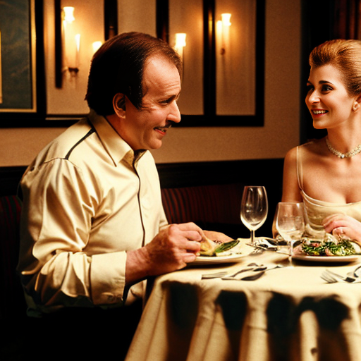 From a comedy film from the 1970s: In a luxury restaurant: An elegant couple is sitting at a table eating dinner. An elegantly dressed, very elderly and stocky waiter stands next to the table and addresses the couple. Elegant ambience, subdued lighting, comical atmosphere.