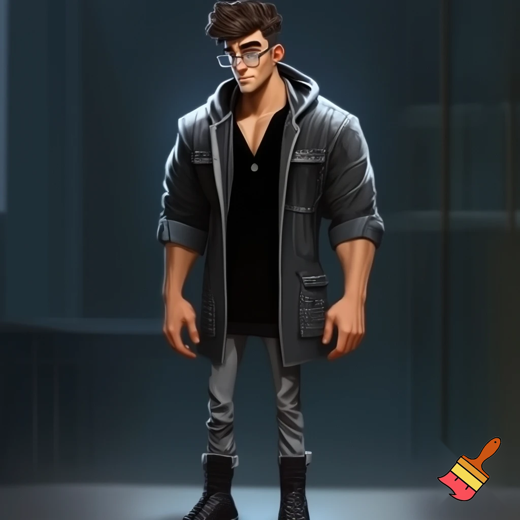 A tall, skinny, lean man with tan skin and v-tapered masculine physique, moderate muscle and prominent bone definition a heart shaped face with well defined structure, black bushy but shaped eyebrows, long lashes and coffee black 3C hair and irises wearing a black denim field coat with a grey hood attached, slim rectangular glasses with a silver glasses chain, and a black henley buttoned shirt slightly undone, black nails, sleeves rolled up the elbows, denim grey jeans and black leather combat boots 