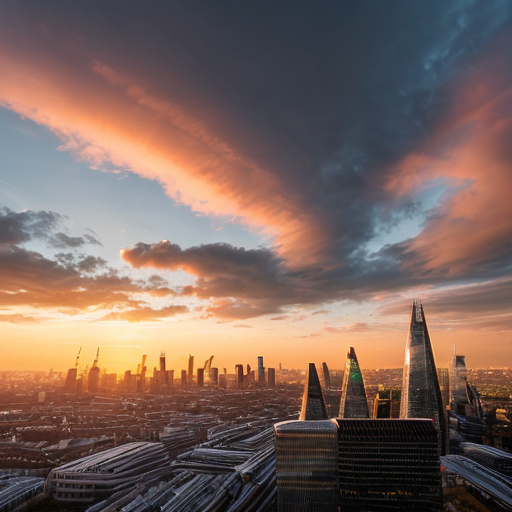 make the skyline of london with a sunset and fluying clouds in the sky