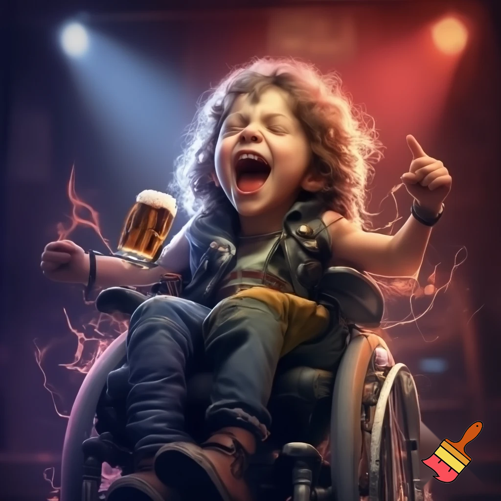 niño en sillas de ruedas loco cantando rock con cerveza
