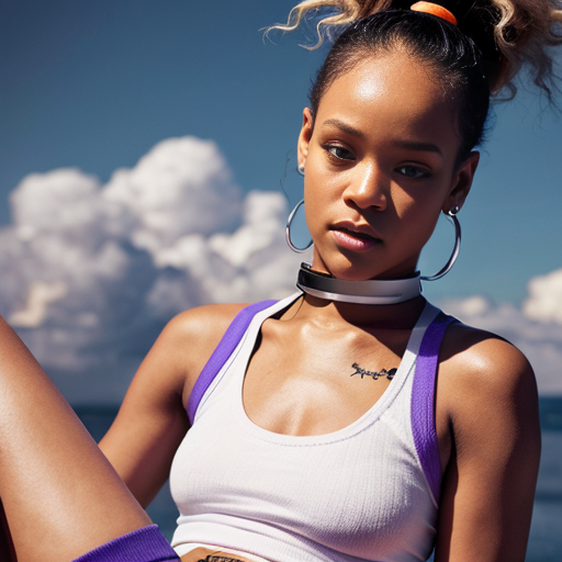 Rihanna orange tanktop belt blue short mini purple socks orange and white sneakers on a sitting Cloud
