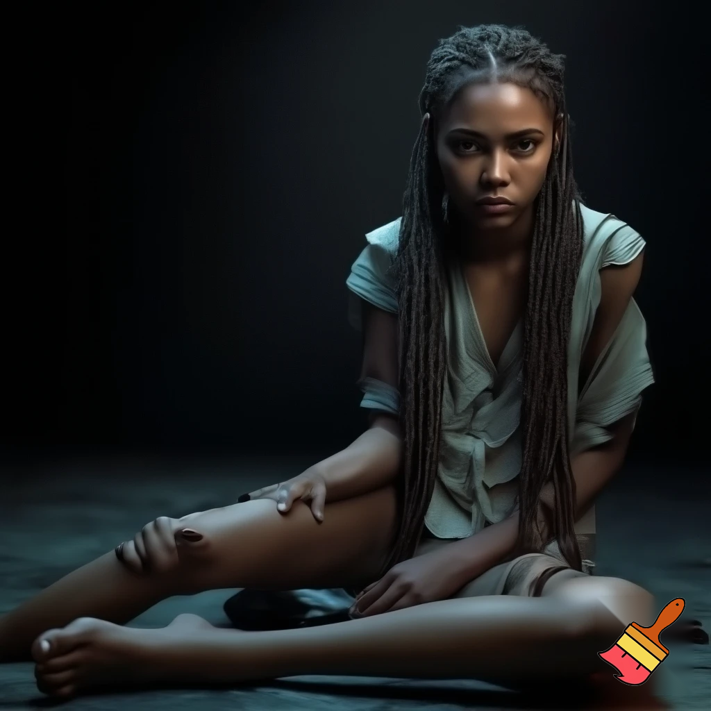 Very detailed and dramatic image of a young woman with long braided hair and a stern expression, sitting on the floor in torn clothes, slender legs without stockings and shoes on a dark background, professional photography, cinematic lighting, hyperrealistic, 8k resolution, detailed facial features