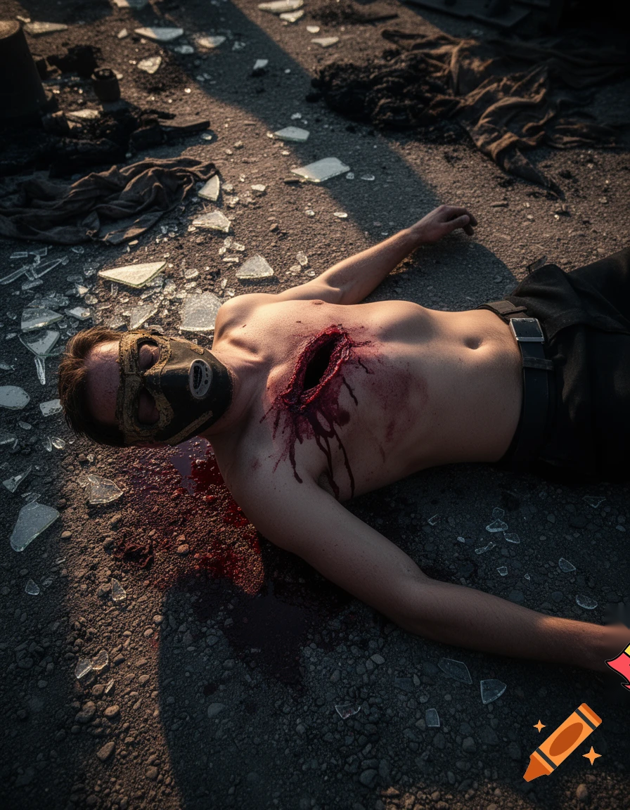 A shirtless man, face are wearing mask, died, chest open wounded, blood everywhere.