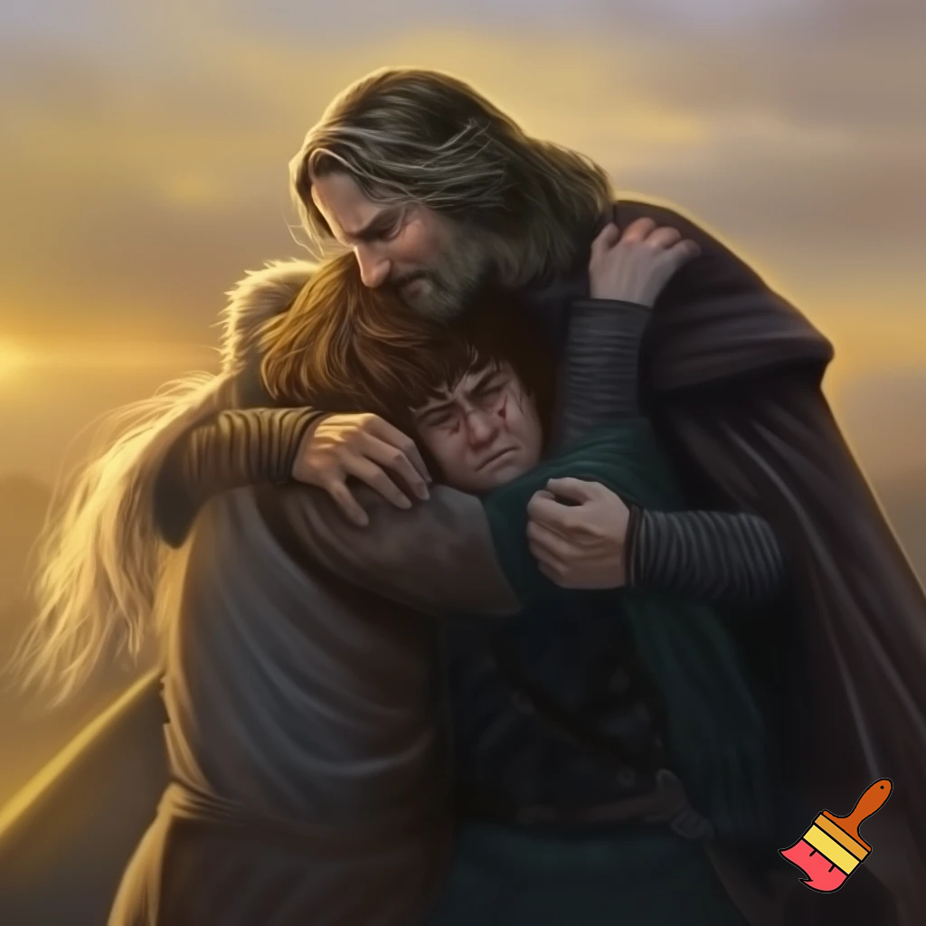 Legolas, Gimli, Aragorn, Smeagol, Frodo, Sam, Pippin, Mary, and Gandalf all hugging each other