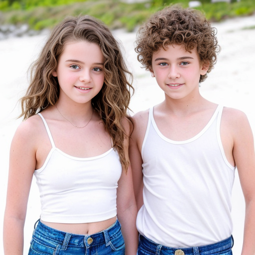A girl who is 16 with brunette hair with lighter highlights and she has beach curls .she also has brown eyes  She is wearing a white mini dress with thin straps. There is her brother a 14 year old boy the same height as her and he has curly brunett hair and brown eyes. He is wearing a white shirt and blue jeans. There is another girl who is 10 and she is wearing a pink tank top with a white mini skirt.she is shorter than both of the other people.They are all siblings. Also make it look like a realistic photot

