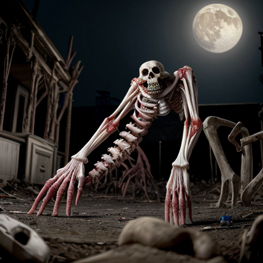A photorealistic a moonlit cemetery torn apart by carnage, the ground slick with coagulating blood and chunks of unrecognizable viscera. At the center, a towering, skinless beast crouches over a mangled corpse, its exposed musculature glistening under the pale light, strands of sinew and torn ligaments dangling from its frame like macabre streamers. Its jagged, yellowed teeth gnash together as it lifts a severed arm to its lipless maw, blackened claws sinking into rotting flesh. Behind it, unearthed graves yawn open, their former occupants strewn in grotesque heaps—ribcages split wide, spinal cords unspooled like frayed rope. The air seems thick with the metallic stench of gore, and every twisted detail, from the beast's milky, pupil-less eyes to the way its tendons flex with each monstrous movement, is rendered in chilling photorealism.