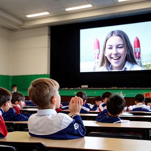 in all boys school
•	The speaker begins 
•	He points toward the students sitting in front of him and smiles.
•	A large screen behind him shows images of rockets launching and students studying in classrooms.
•	The audience begins clapping 
