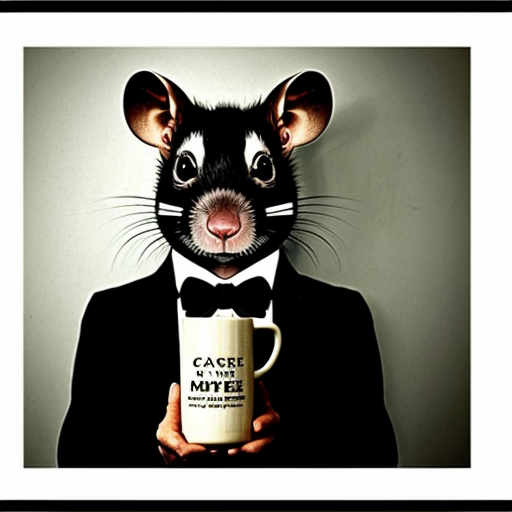 Strong rat, cheese in hand, mug shot evil with suit rat