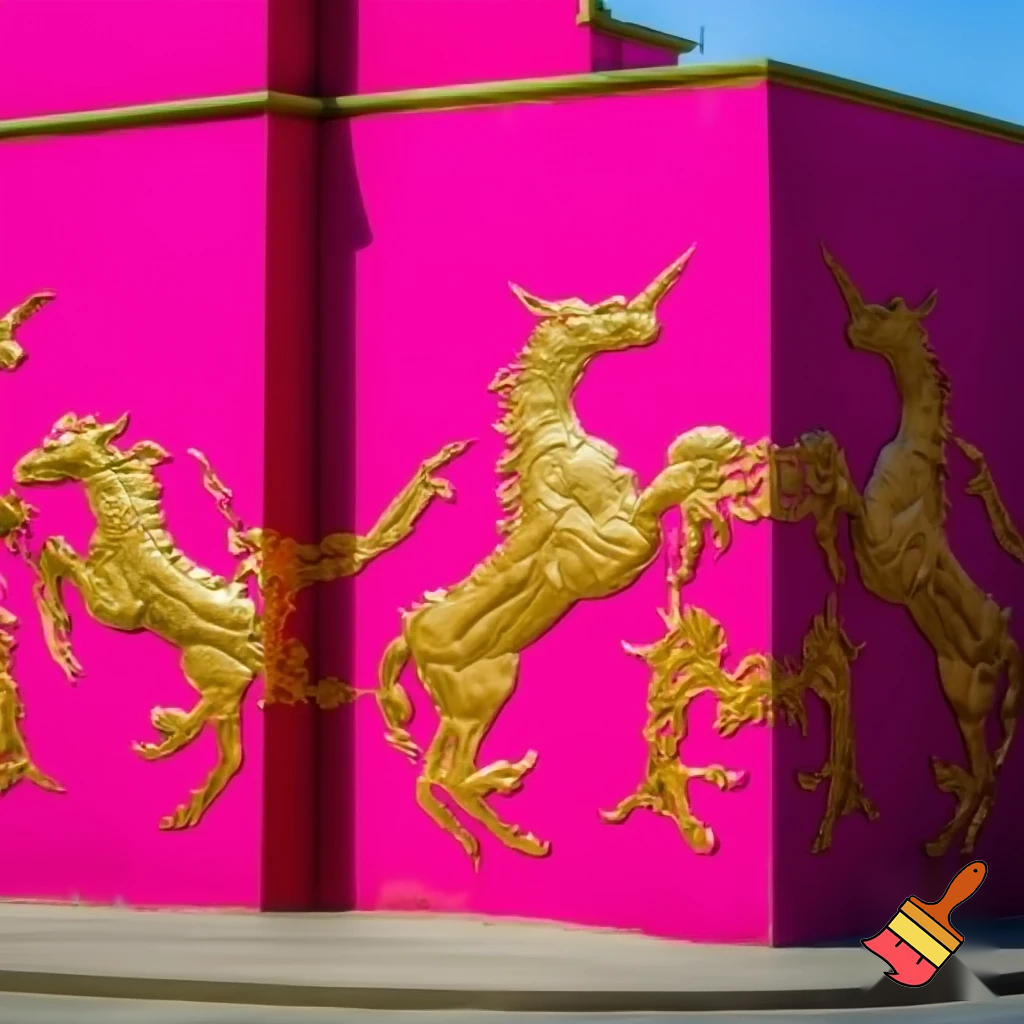 building with walls painted bright pink and magenta with golden unicorn motifs 