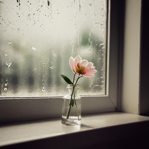 Eine einzelne, zarte Blume auf einer Fensterbank nach dem Regen, sanftes Licht, Regentropfen auf dem Glas, gedämpfte warme Farbtöne, intime und romantische Stimmung, poetische Ruhe, filmische Weichzeichnung, Instagram-ästhetik, kein Text, keine Personen