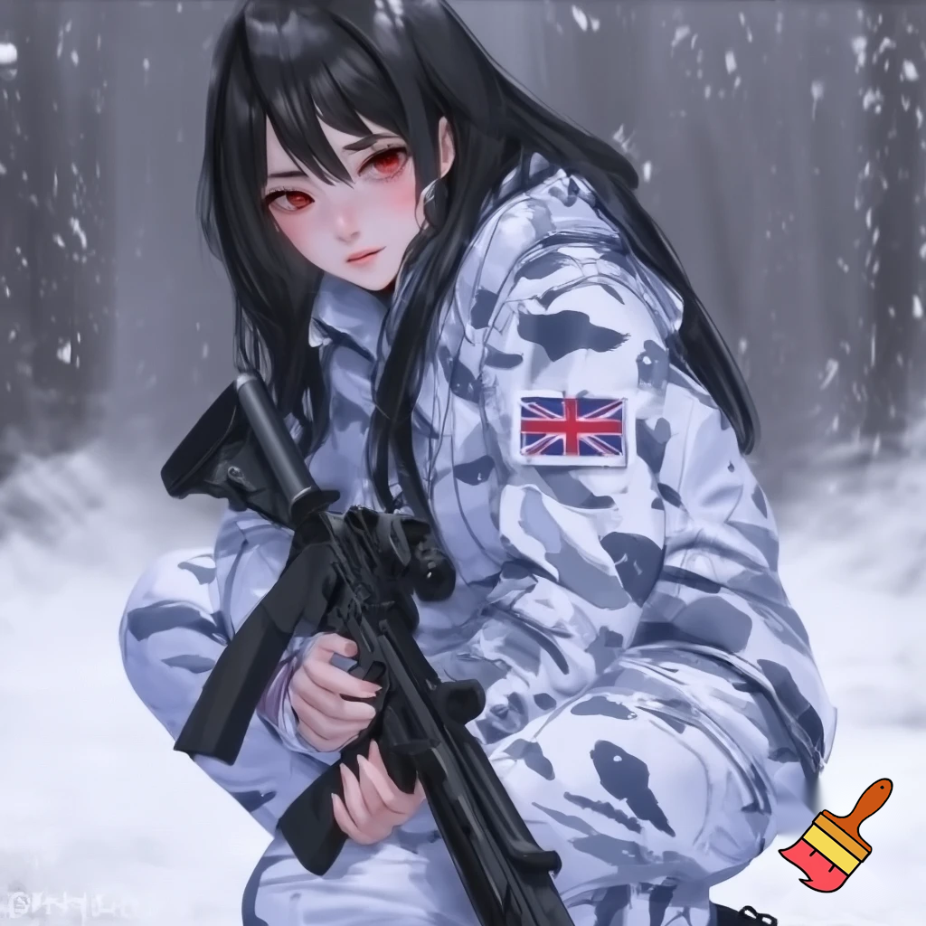 realistic colours, zoomed out veiw. large eyes looking to the left behind the camera, long black hair, red eyes, 19 years old girl. wearing white military camo clothing, jacket and pants  with british sas flag on the sleeve, kneeling in snow, holding a rifle. anime stye 