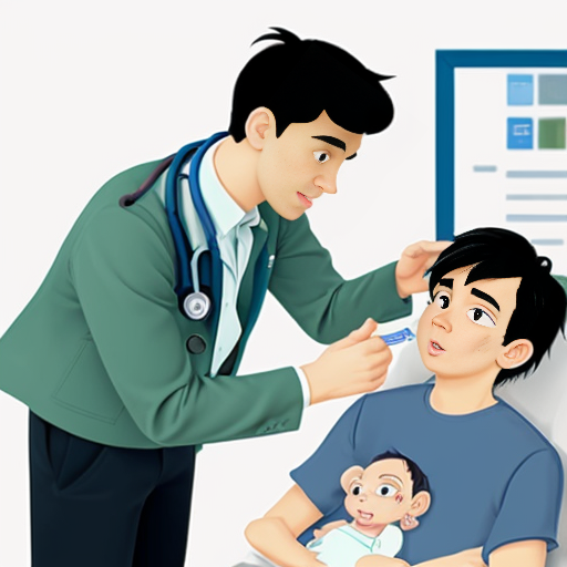 cartoon baby boy with black hair getting checked  on by the doctor
