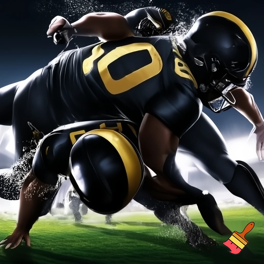 "Liniero defensivo llamado El Tanque Zamora, jugador de los Toros Negros. Uniforme negro con detalles dorados, número 90. Físico enorme y poderoso. Casco negro con franja dorada. Escena de acción empujando a dos linieros a la vez, postura agresiva, respirando fuerte como toro, ambiente intenso de juego."
