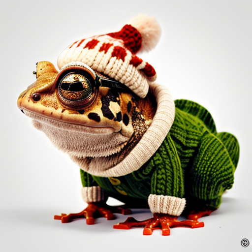 A laughable, puzzled animal toad in woolen, multicoloured winter clothings with woolen winter cap. Hyperrealistic art style.