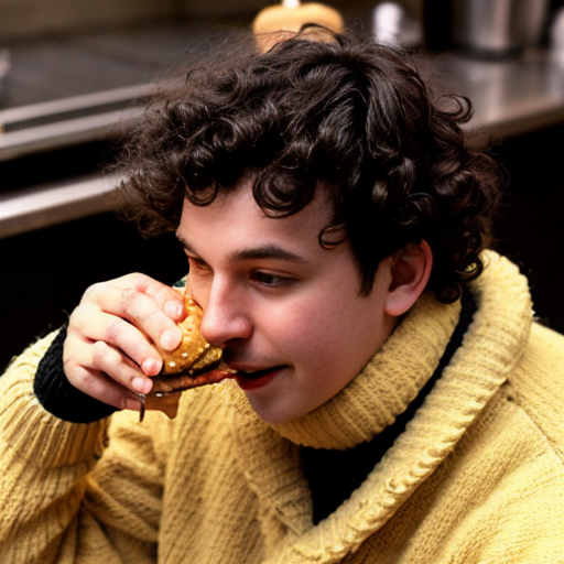 Barna tüskés kissé elvis kunkoros hajú minimálisan kövér fiú sárga tádzsik juh gyapjú puloverben nyak nélküli összeérnek szemei de van elválasztó hamburgert eszik és 2D-s legyen