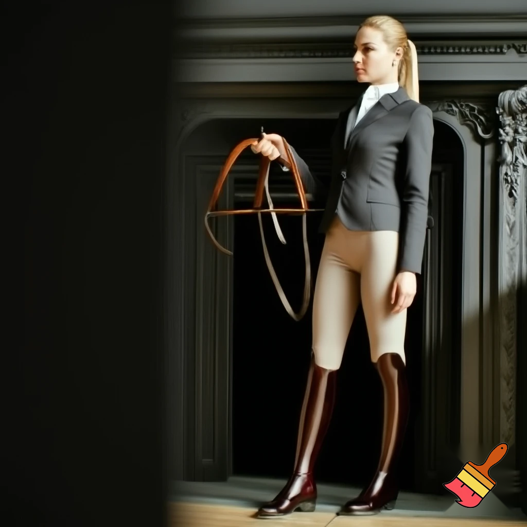Masterpiece of the finest photo quality, a stern-looking, highly trained, very elegant 30 years equestrian woman with a slim, athletic build and blond hair and ponytail, dressed in a  tailor-made riding jacket, beige tight-fitting breeches and knee-high polished riding boots with high shaft , confidently standing next to the fireplace with a leather neck-yoke with leash in her hand , an elegant and refined atmosphere, soft natural light.8k 