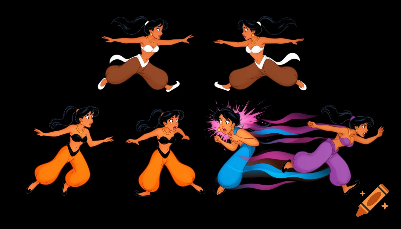 90's disney's 2d aladdin style comic black background and panels of Panel 1 a black haired ponytail woman with orange skin,orange harem pants black bra and black sash and black curved slippers from the bottom of the screen stares at viewer and a black haired ponytail woman with brown skin,brown harem pants white bra and white sash and white curved slippers from the top stares at viewer. 
Panel 2 Then the black haired ponytail woman with orange skin,orange harem pants black bra and black sash and black curved slippers from the top and black haired ponytail woman with brown skin,brown harem pants white bra and white sash and white curved slippers from the bottom turn and notice each other. 
Panel 3 and then both the black haired ponytail woman with orange skin,orange harem pants black bra and black sash and black curved slippers and the black haired ponytail woman with brown skin,brown harem pants white bra and white sash and white curved slippers are shocked. 
Panel 4 And both the black haired ponytail woman with orange skin,orange harem pants black bra and black sash and black curved slippers and the black haired ponytail woman with brown skin,brown harem pants white bra and white sash and white curved slippers ran from opposite direction. 
