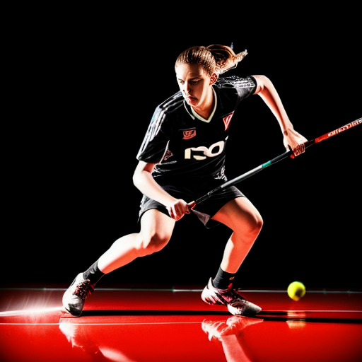 Dynamic action shot of a professional floorball player shooting with the "RAGE STRIKE PRO" stick. Motion blur on the ball, aggressive posture, arena lights glowing in the background. Matte black carbon shaft with blood-red torn graphics clearly visible. Red lighting atmosphere, sweat particles in air, intense sports photography, shallow depth of field, high shutter speed effect, ultra-realistic, cinematic, 8K.