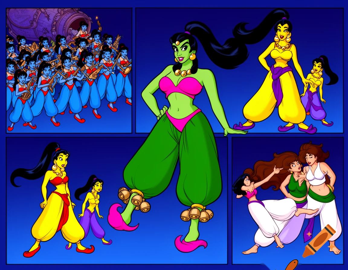 90's disney's 2d aladdin style comic dark blue background and panels of panel 1 a marching band of black haired ponytail women  with blue skin,blue harem pants red bra and red sash and red curved slippers and each playing an instrument while marching out of the remains of the belly bugle. 
Panel 2 followed by a giant black haired ponytail woman with green skin,green harem pants pink bra and pink curved slippers sash with cowbells who marches in front of a black haired ponytail woman with yellow skin, yellow harem pants, purple bra and purple sash and purple curved slippers . 
Panel 3 then the giant black haired ponytail woman with green skin,green harem pants pink bra and pink curved slippers sash with cowbells  who repeatedly steping and squishing on a black haired ponytail woman with yellow skin, yellow harem pants, purple bra and purple sash and purple curved slippers 
Panel 4 The black haired ponytail woman with yellow skin,yellow harem pants purple bra and purple sash and purple curved slippers eventually has enough and sneaks behind the giant black haired ponytail woman with green skin,green harem pants pink bra and pink sash and pink curved slippers 
panel 5 The curvy figure woman with brown hair barefoot with white harem pants with a purple sash and green vest and white bra then kicks the giant black haired ponytail woman with green skin,green harem pants pink bra and pink sash and pink curved slippers in the butt. 
Panel 6 then the giant black haired ponytail woman with green skin,green harem pants pink bra and pink sash and pink curved slippers split into three black haired ponytail women with big breast and hips green skin,green harem pants pink bra and pink sash and pink curved slippers. 