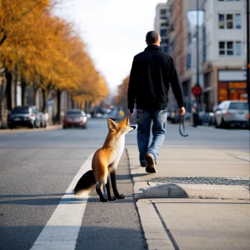 Ein Fuchs als Mann geht über eine Straße.