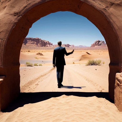 Put abstract figures in the center part of an arch in a desert landscape in Tanguy style